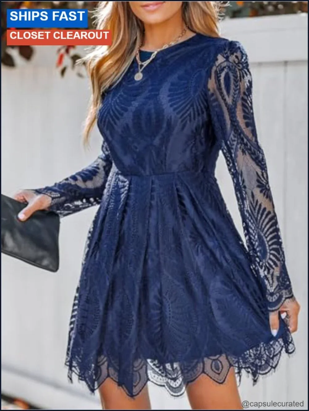 Sheer Insert Scallop Trim Lace Long Sleeve A-Line Mini Dress